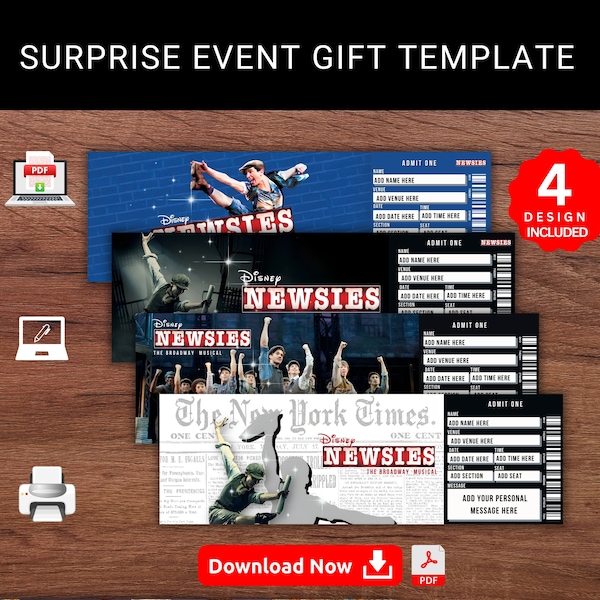 Editable NEWSIES Surprise Broadway Gift Template. Newsies Broadway Musical Keepsake Faux Gift Reveal Ticket. Event Stub. Printable  Pdf File