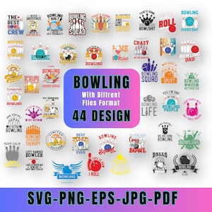Puede incluir: Una colección de 44 diseños con temática de bolos en formatos SVG, PNG, EPS, JPG y PDF. Los diseños presentan bolas de bolos, bolos y frases como "Bowling Squad" y "Best Bowler Ever". La imagen tiene un fondo degradado púrpura y azul.