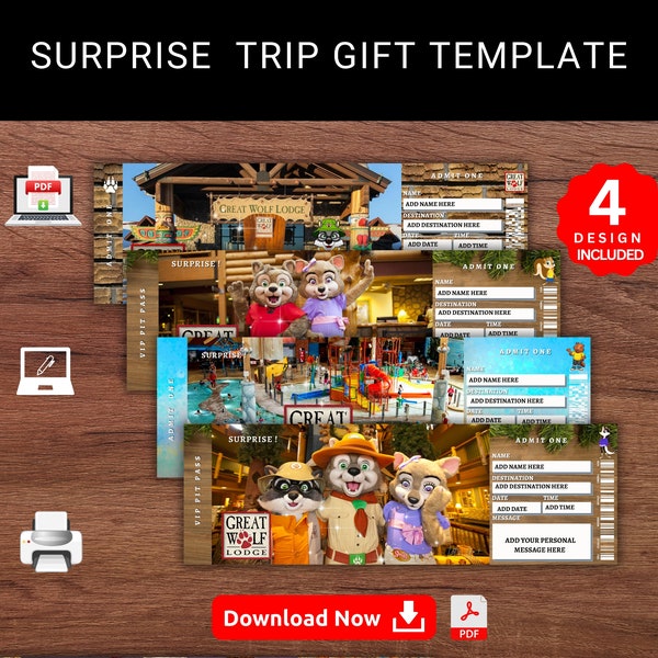 Editable GREAT WOLF LODGE  Surprise Reveal Trip Gift Template. Great Wolf Lodge Keepsake Faux Souvenir Trip Ticket. Printable & Editable Pdf