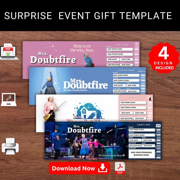 Editable MRS. DOUBTFIRE Surprise Broadway Event Reveal Gift Template. Mrs. Doubtfire Broadway Musical Keepsake Faux Ticket. Printable Pdf.