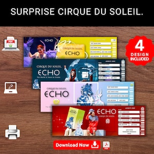 Bearbeitbare ECHO CIRQUE Du Soleil Surprise Reveal Geschenkvorlage. "Echo Cirque Show Andenken ""Faux Souviner"" Geschenk Ticket.Event Stub." Druckbares Pdf