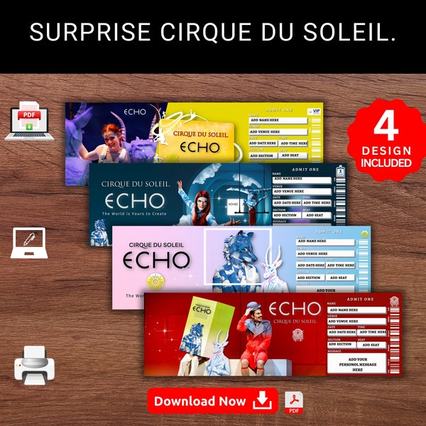 Editable ECHO CIRQUE Du Soleil Surprise Reveal Gift Template. Echo Cirque Show Keepsake Faux  Souviner Gift Ticket.Event Stub. Printable Pdf