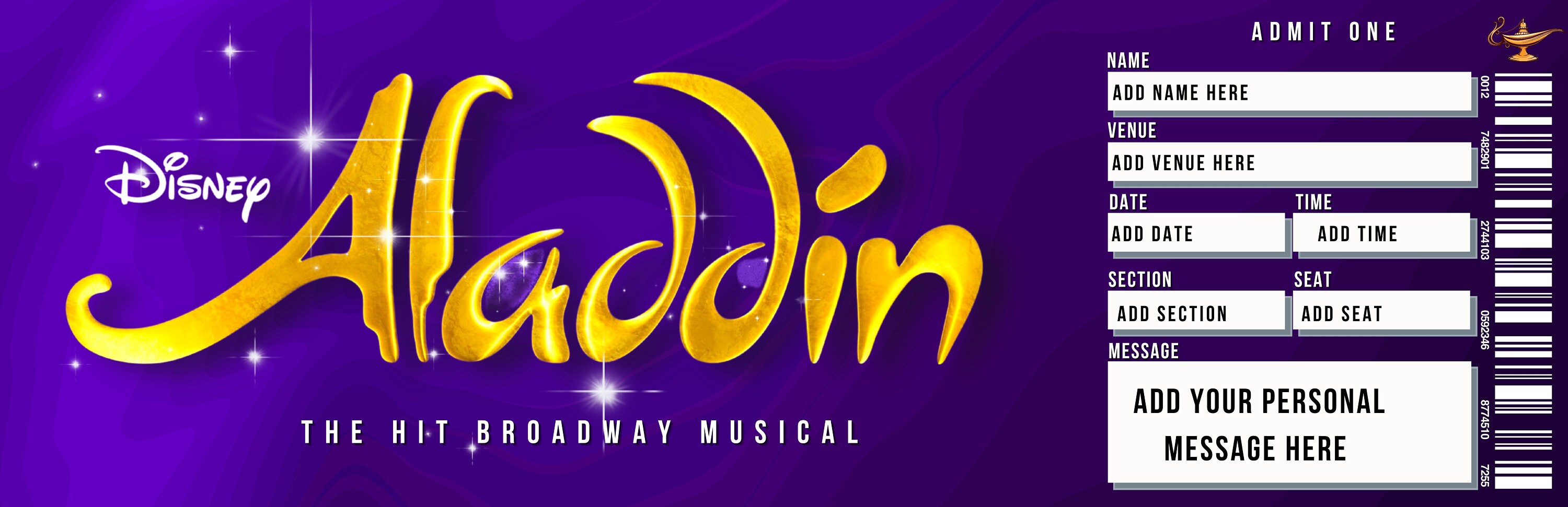 Editable Disney Aladdin Broadway Souvenir Ticket, Surprise Event Reveal ...