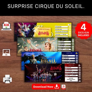 Bearbeitbare ALEGRIA CIRQUE Du Soleil Surprise Reveal Geschenkvorlage. Alegria Cirque Show Andenken Faux Geschenkkarte. Event Stub. Druckbares Pdf.
