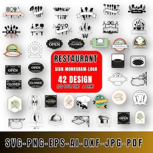 May include: A collection of 42 restaurant-themed design elements in black and white, including logos, signs, and illustrations of cutlery, chef hats, and banners. The central design features the word "RESTAURANT" in red, with the text "SIGN-MONOGRAM-LOGO" and "42 DESIGN".