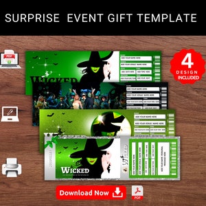 Plantilla editable de regalo sorpresa de Broadway de WICKED. Entrada de recuerdo de Wicked. Talón de evento. Regalo de cumpleaños. PDF imprimible.