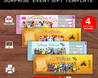 Editable Disney PRINCESSES And PRINCES Surprise Reveal Event Gift Template. Disney Princesses And Princes Keepsake Faux Ticket.Printable Pdf
