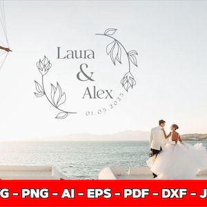 May include: A wedding logo design featuring the names "Laura & Alex" with the date "01.05.2025" inside a floral wreath. The image shows a couple on a boat with the ocean and sky in the background. The bottom of the image has the text "SVG - PNG - AI - EPS - PDF - DXF - JPG".