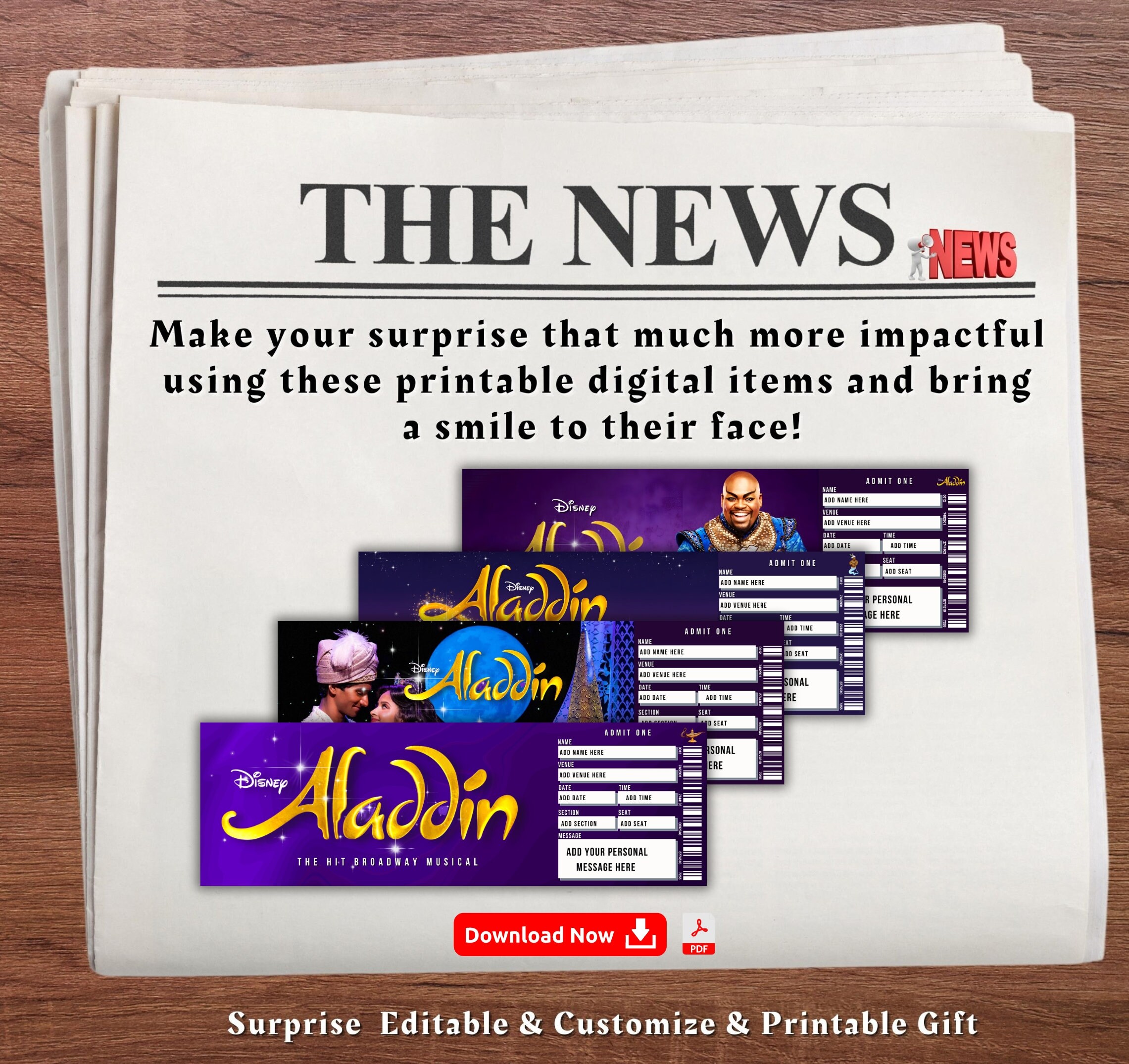 Editable Disney Aladdin Broadway Souvenir Ticket, Surprise Event Reveal ...