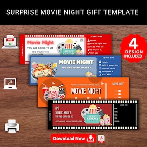 Film Nacht Überraschungskarten Geschenk Vorlage. Kino Themed Event Reveal Ticket Geschenk. Kino Karte Geschenk. Event Stub. Bearbeitbares Pdf