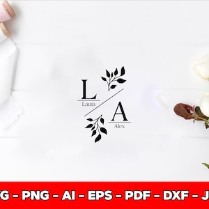 May include: A minimalist design featuring the letters "L" and "A" with the names "Laura" and "Alex" beneath, separated by a diagonal line and adorned with leaf accents. The image is set against a white background with floral and ribbon elements.