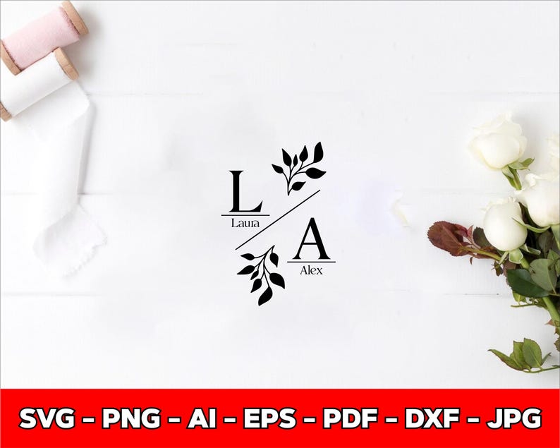 May include: A minimalist design featuring the letters "L" and "A" with the names "Laura" and "Alex" beneath, separated by a diagonal line and adorned with leaf accents. The image is set against a white background with floral and ribbon elements.