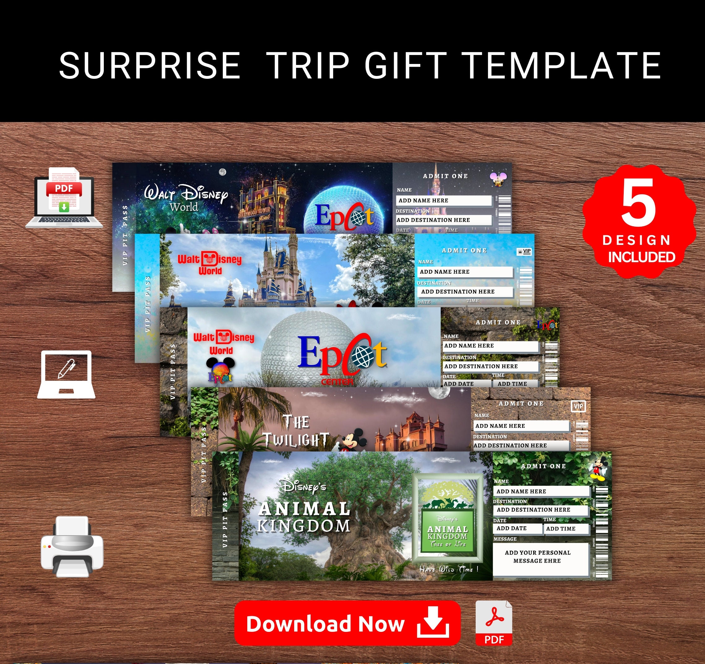 Editable Epcot WALT DISNEY WORLD Surprise Reveal Trip Gift Template. Epcot Disney World Keepsake Faux Souviner Gift Ticket. Printable Pdf.