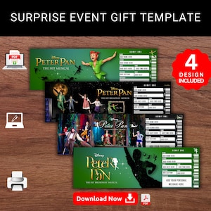 Bearbeitbare DISNEY PETER PAN Surprise Reveal Event Geschenkvorlage. Disney Peter Pan Broadway Musical Andenken Faux Geschenkkarte. Druckbares Pdf.
