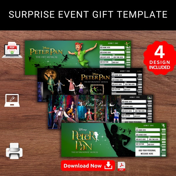 Editable DISNEY PETER PAN  Surprise Reveal Event Gift Template. Disney Peter Pan Broadway Musical Keepsake Faux Gift Ticket. Printable Pdf.