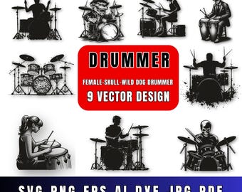 Drummer SVG Bundle:Drum set , Skull drumer , female drumer  svg-png (Digital Download)