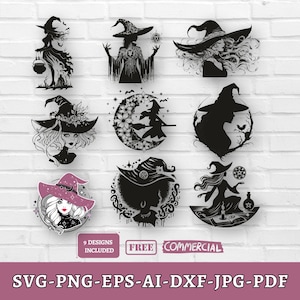 May include: Nine witch-themed designs in black and white, featuring silhouettes of witches with hats, moons, and stars. The designs are displayed on a white brick wall. Text includes "9 Designs Included", "Free Commercial", and file type options.