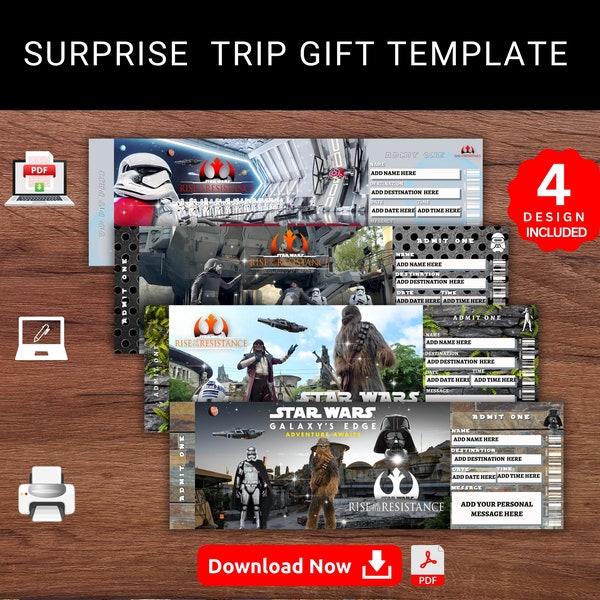 Editable STAR WARS Galaxy's Edge Surprise Trip Gift Template. Star Wars-Rise Of The Resistance Keepsake Faux Gift Trip Ticket. Printable Pdf