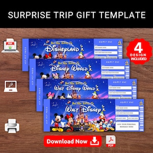 Plantilla editable de regalo sorpresa para un viaje a un PARQUE TEMÁTICO de Disney. Boleto de regalo de recuerdo falso de Disneyland-Walt Disney. PDF imprimible.
