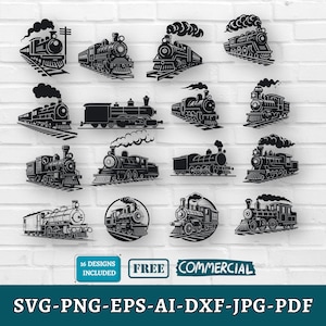May include: A collection of sixteen black and white train designs in various styles, including steam locomotives and train cars. The image includes the text "16 Designs Included", "Free", and "Commercial", along with file type options.
