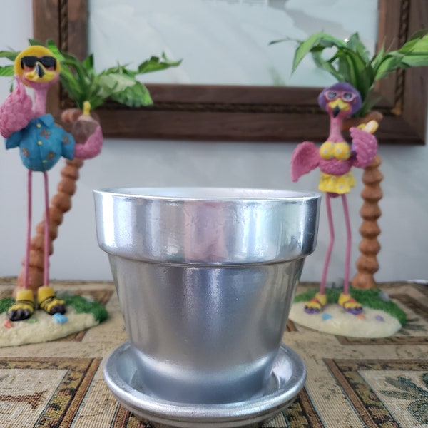 Silver 4 in. Flower Pot w/ tray - Painted Pot