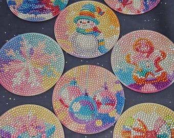 Charming Christmas Coasters - 8 Pc Pastels w/ Metal Frame Holder