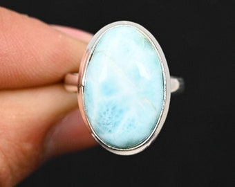 Larimar Ring, Blue Larimar Ring, Natural Larimar Gemstone 925 Sterling Silver Ring, Cabochon Gemstone Ring, Best Gift For Her and Him