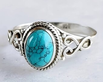 Bague bohème turquoise, bague nature turquoise, bague de promesse en argent 925, bijoux artisanaux en pierres précieuses, bague turquoise délicate, cadeau unique