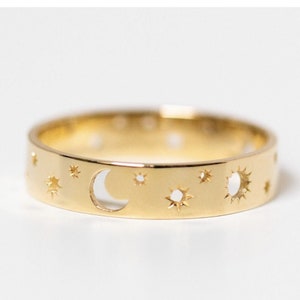 Celestial Wedding Band, Celestial Band Ring, Moon and Stars Ring, Celestial Moon Wedding Ring, Boho Promise Ring, Gold Vermeil Rings