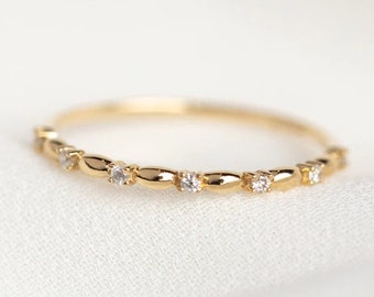 Wedding Band For Women Delicate Ring, 14K Solid Gold Ring, Engagement Ring Single Prong Bubble Ring CZ Ring Half Eternity Wedding Band