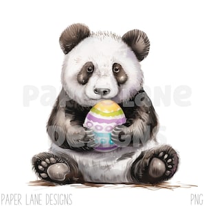 Może przedstawiać: Aquarela przedstawiająca pandę trzymającą kolorowe jajko wielkanocne. Panda siedzi na ziemi z wyciągniętymi łapami. Jajko jest ozdobione paskami i kropkami w odcieniach fioletu, błękitu, żółci i zieleni.