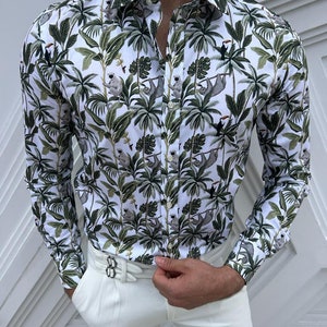 Patterned Slim Fit Shirt -White/Green