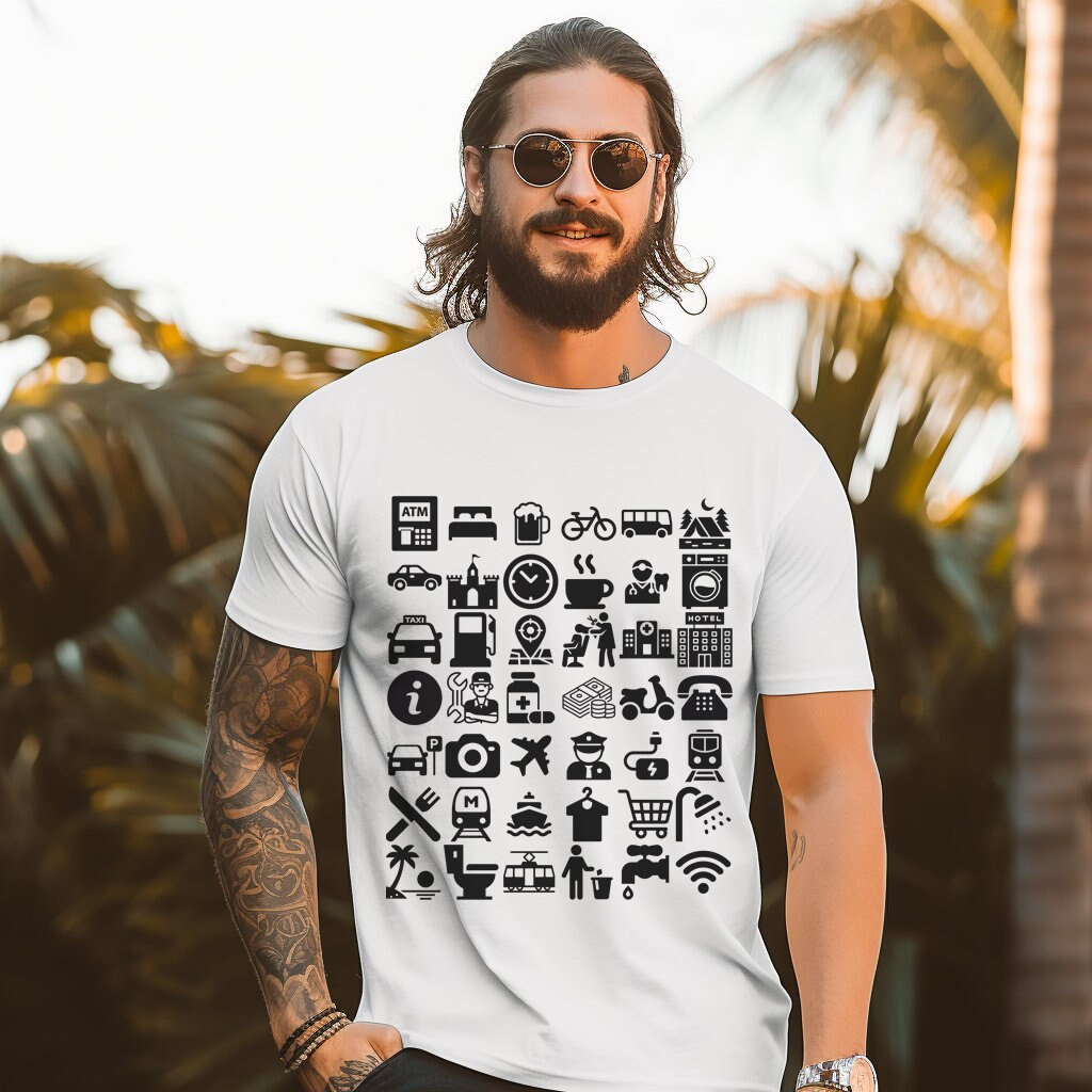 Camiseta unisex con iconos de viaje negros y diccionario de idiomas perfecta para mochileros vacaciones y ayuda turistica regalo genial Etsy Espana