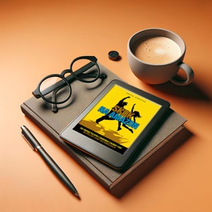 Può includere: Un e-reader nero e grigio con una copertina gialla che mostra il titolo "SKOK NA AMAZON" in bianco grassetto. La copertina presenta una silhouette di due persone che saltano. L'e-reader è appoggiato su un quaderno grigio con una penna nera e una tazza di caffè.