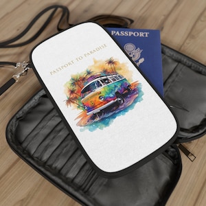 Groovy Travel Tie-Dye Bus with Palm Trees Passport Wallet - 70s Hippie Transporter Van | Colorful | Psychedelic | Watercolor