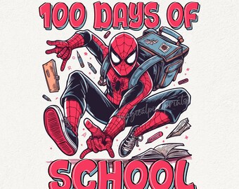 100 Days Of School Cartoon Png, Happy 100 Days Of School Png, Spider Cartoon Character Png, Gift For Kid School Shirt Png, Digital File