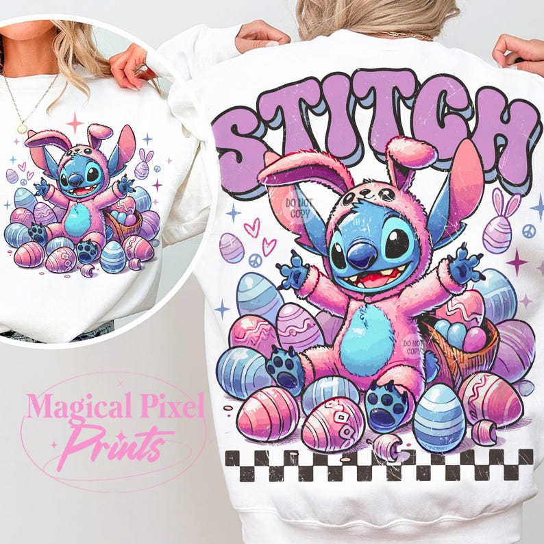 May include: White sweatshirt with a pink and blue cartoon Stitch character wearing bunny ears and surrounded by Easter eggs. The text "STITCH" is in purple letters above the character.