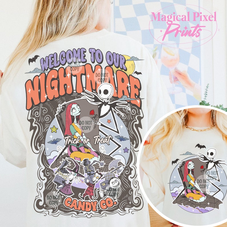 May include: A white t-shirt with a graphic print of Jack and Sally from The Nightmare Before Christmas. The graphic features the text "Welcome to our Nightmare" and "Candy Co."