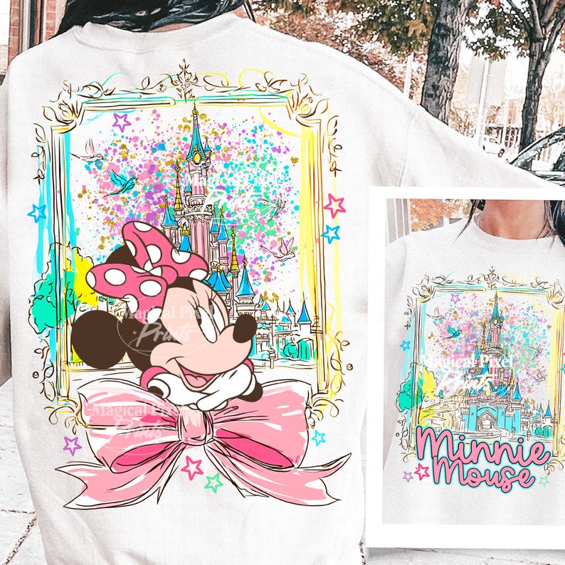 Minnie Mouse estilo preppy PNG, Castelo mágico charmoso com laço rosa PNG, Design de camiseta para férias em família 2026, Mickey e seus amigos PNG, Reino Mágico imagem 3