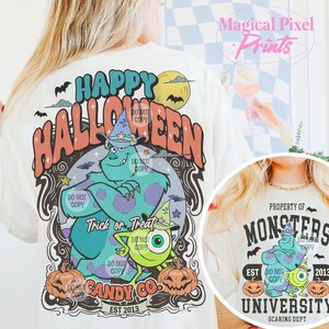 Puede incluir: Camiseta blanca con un gr&aacute;fico colorido de los personajes de Monsters Inc. El gr&aacute;fico dice "Happy Halloween" y "Trick or Treat Candy Co. Est 2013".