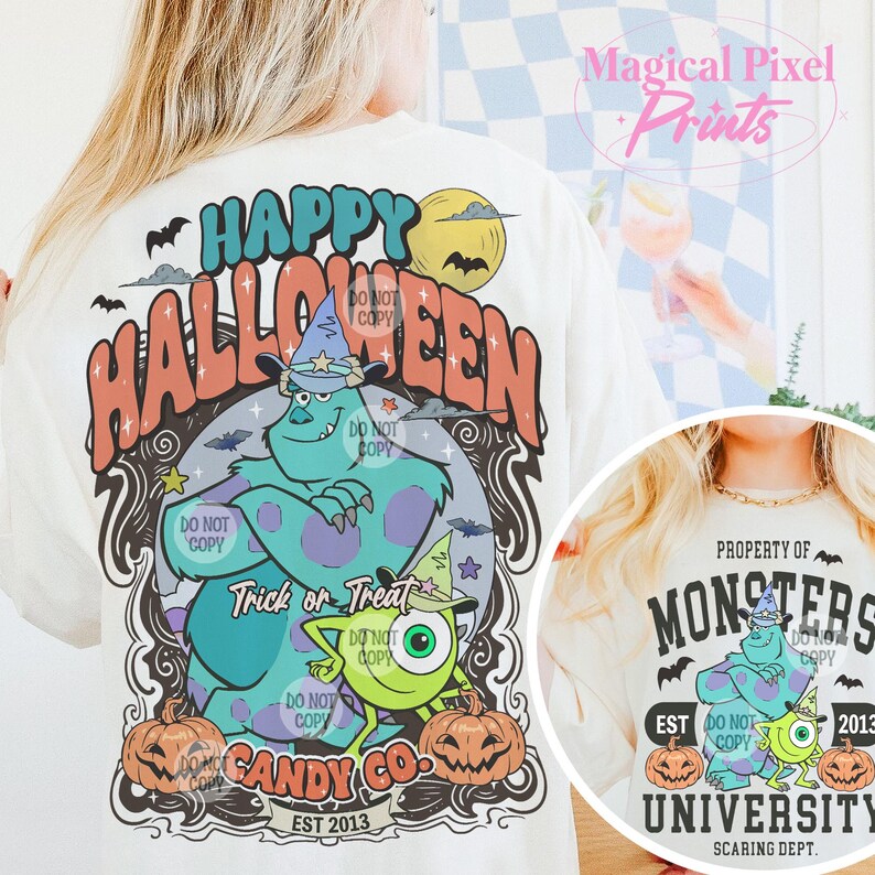 Puede incluir: Camiseta blanca con un gr&aacute;fico colorido de los personajes de Monsters Inc. El gr&aacute;fico dice "Happy Halloween" y "Trick or Treat Candy Co. Est 2013".