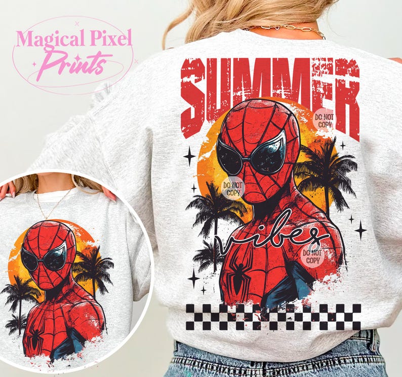 May include: A white sweatshirt with a graphic print of Spiderman wearing sunglasses and a palm tree background. The text "Summer Vibes" is printed on the sweatshirt.