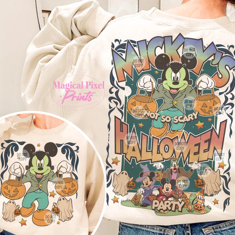 May include: A cream-colored sweatshirt with a graphic print of Mickey Mouse dressed in a green jacket and blue pants holding pumpkins. The text "Mickey's Not So Scary Halloween Party" is printed on the sweatshirt.