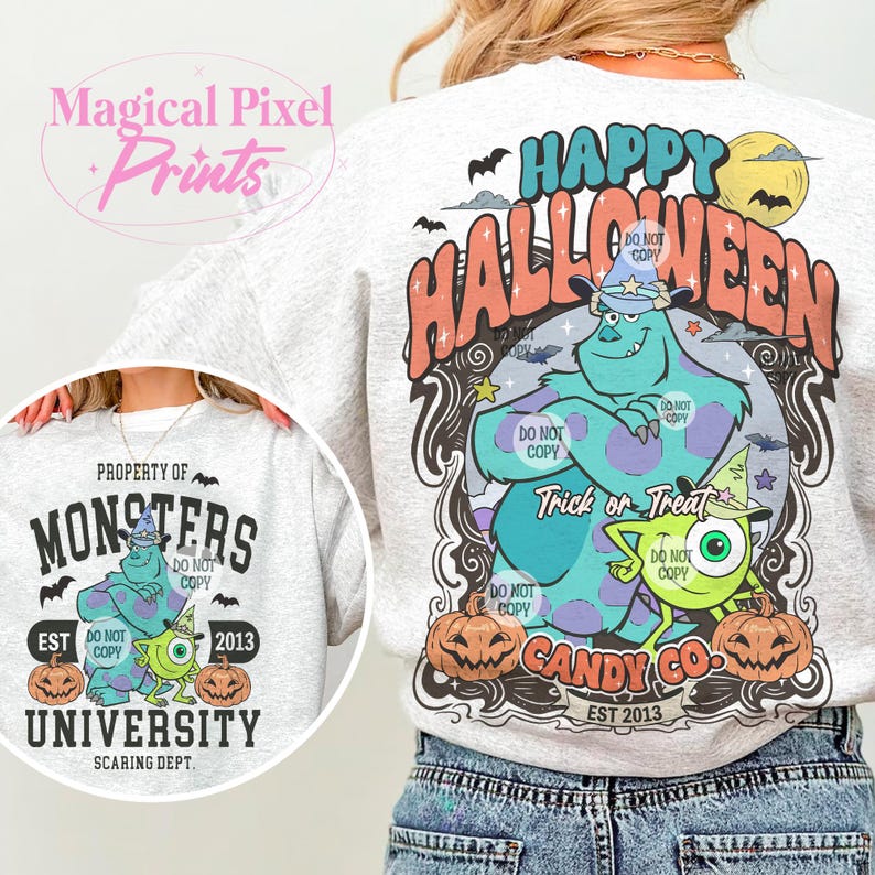 Puede incluir: Una sudadera gris con un dise&ntilde;o de tem&aacute;tica de Halloween con los personajes Mike y Sully de la pel&iacute;cula Monsters Inc. El dise&ntilde;o incluye el texto "Happy Halloween", "Trick or Treat", "Candy Co." y "Est 2013".