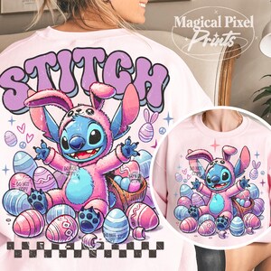 May include: Pink sweatshirt with a cartoon Stitch wearing a pink bunny costume and surrounded by Easter eggs. The text "STITCH" is printed in purple on the front of the sweatshirt.