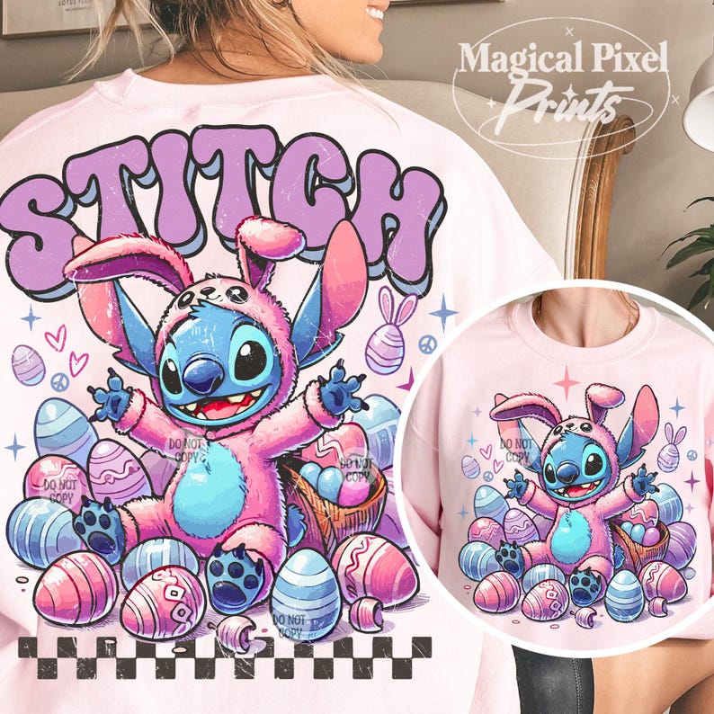May include: Pink sweatshirt with a cartoon Stitch wearing a pink bunny costume and surrounded by Easter eggs. The text "STITCH" is printed in purple on the front of the sweatshirt.
