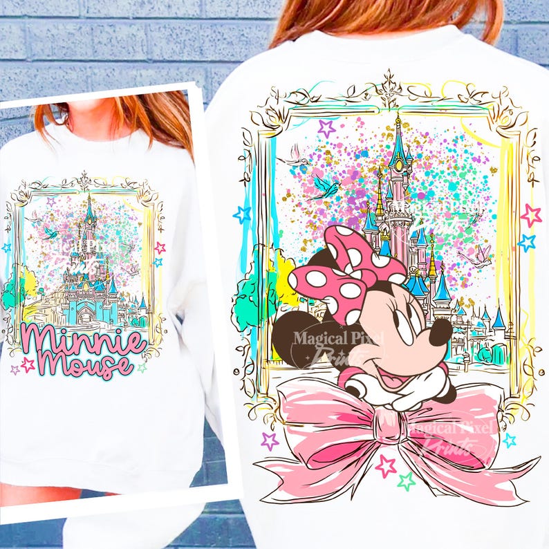 Minnie Mouse estilo preppy PNG, Castelo mágico charmoso com laço rosa PNG, Design de camiseta para férias em família 2026, Mickey e seus amigos PNG, Reino Mágico imagem 1