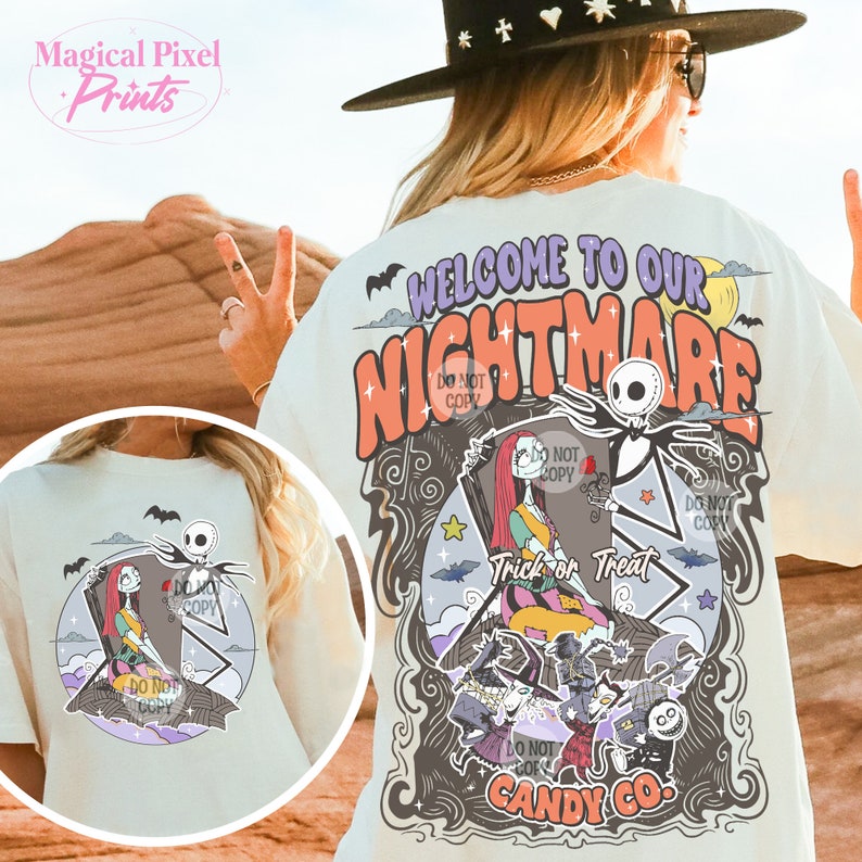 May include: White t-shirt with a graphic print of Jack Skellington and Sally from The Nightmare Before Christmas. The text reads "Welcome to our Nightmare Trick or Treat Candy Co."