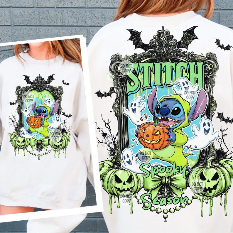 May include: White sweatshirt featuring a Halloween-themed graphic. The design includes Stitch in a green costume holding a jack-o'-lantern, surrounded by ghosts and pumpkins. The words "Stitch" and "Spooky Season" are also visible.