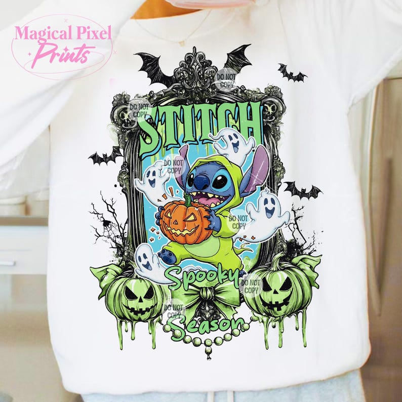 May include: White long-sleeve shirt featuring a Halloween-themed graphic. The design includes Stitch holding a pumpkin, surrounded by ghosts, bats, and the words "Spooky Season" and "Stitch".